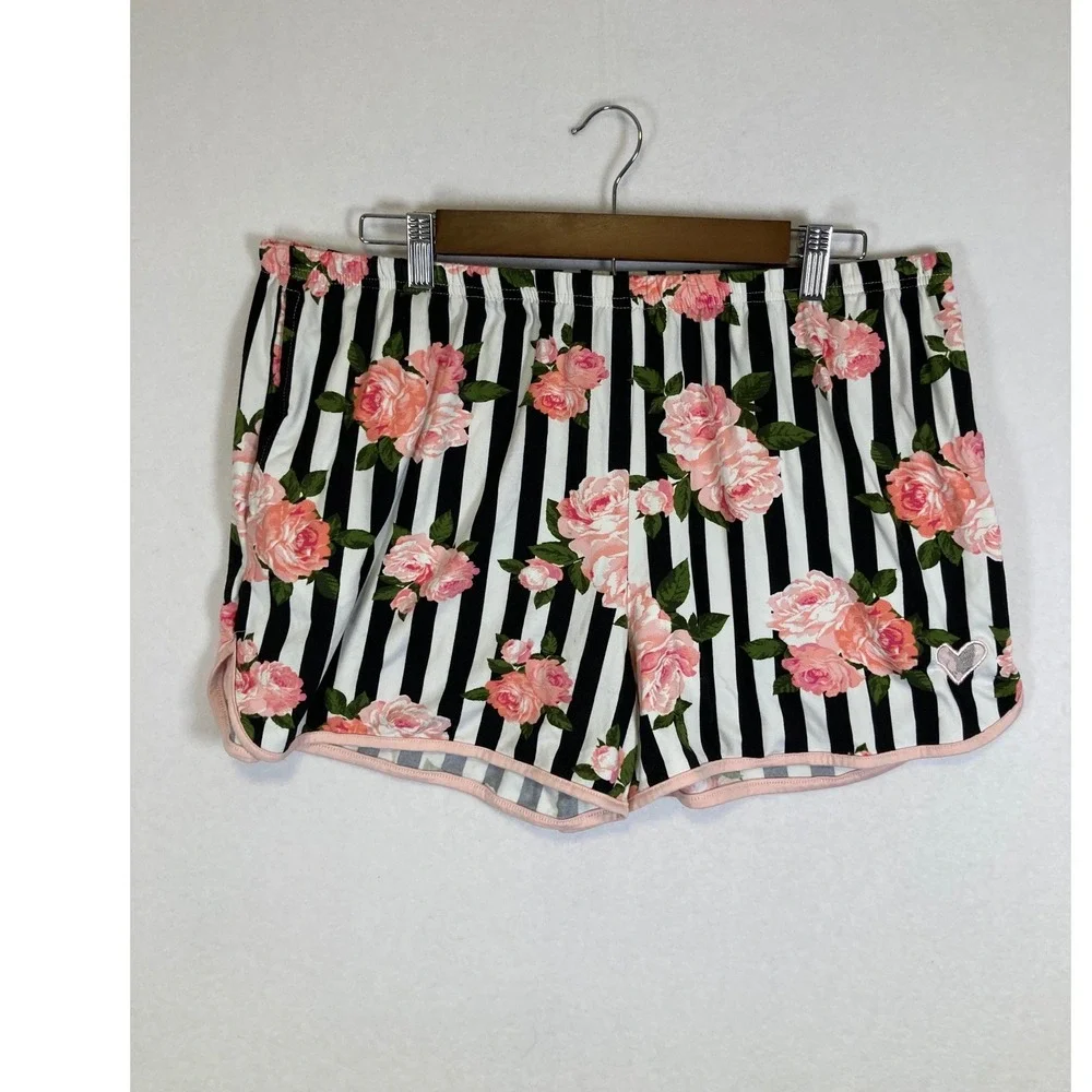 Floral Stripe Betsey Johnson‎ Women Large Pink Black White Pajama Shorts Heart